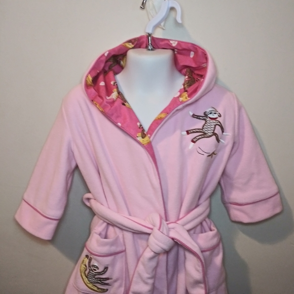 3/$18 Nick & Nora Baby Pink Fleece Sock Monkey Robe - Picture 2 of 12